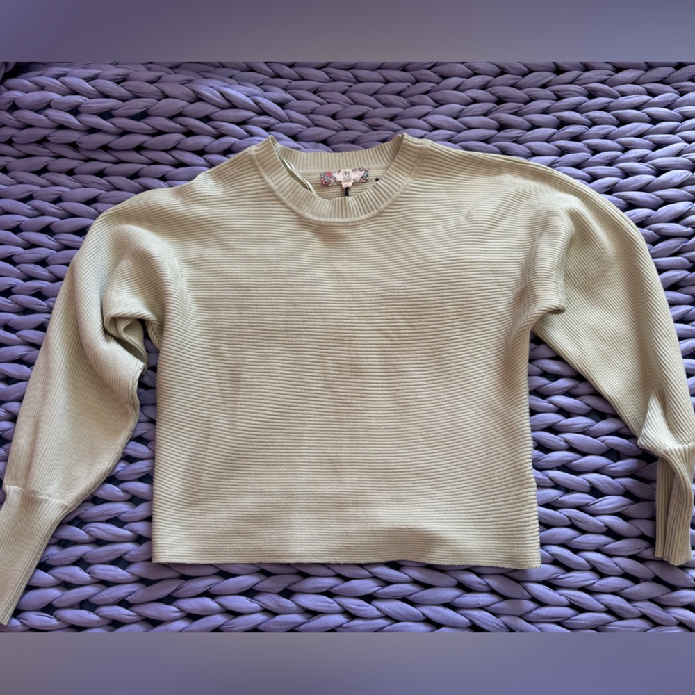 Pink Rose Cream Ribbed Crewneck Sweater